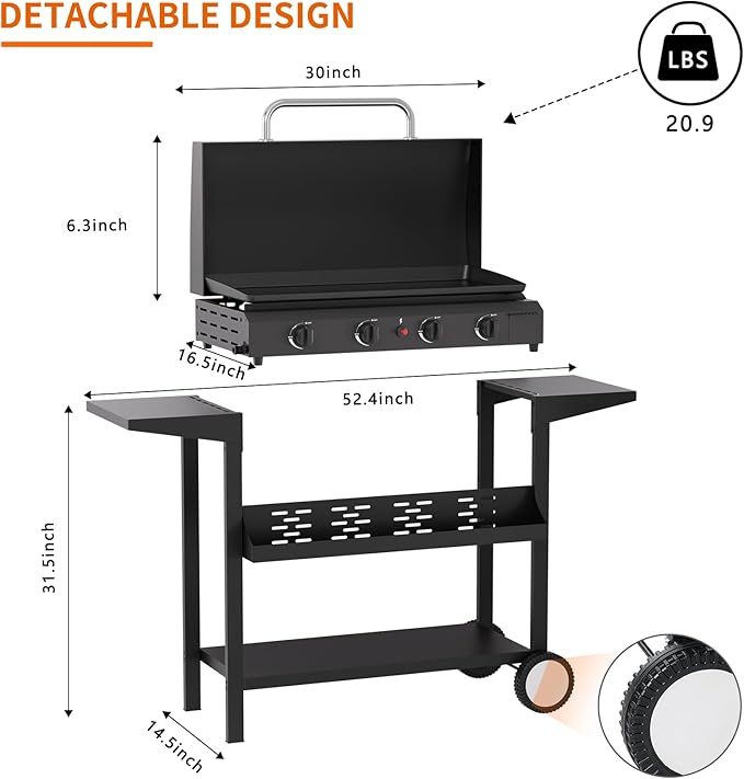 SKOK 4 Burners Outdoor Gas Griddle with Hood, Portable Flat Top Gas Grill-Table Top Propane Griddle Station with Side Shelves