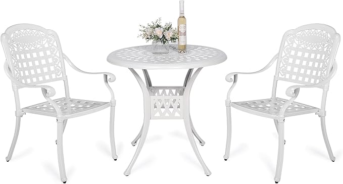 VIVIJASON 3-Piece Outdoor Patio Bistro Set, All-Weather Cast Aluminum Furniture Dining Sets Include 2 Chairs and 31" Round Table w/Umbrella Hole for Balcony, Lawn, Garden, Backyard, White