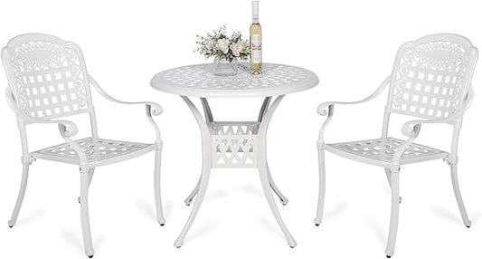 VIVIJASON 3-Piece Outdoor Patio Bistro Set, All-Weather Cast Aluminum Furniture Dining Sets Include 2 Chairs and 31" Round Table w/Umbrella Hole for Balcony, Lawn, Garden, Backyard, White