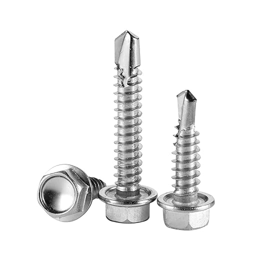 #14 x 1 (50 Pack) Hex Washer Head Self Drilling Screws, Self Tapping Sheet Metal Tek Screws, 410 Stainless Steel