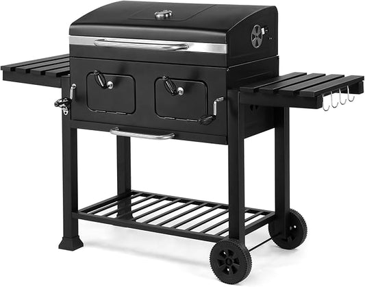 Vasitelan Large Charcoal BBQ Grill with Oversize Cooking Area, Outdoor Cooking Grill with 2 Individual Lifting Charcoal Trays and 2 Foldable Side Tables