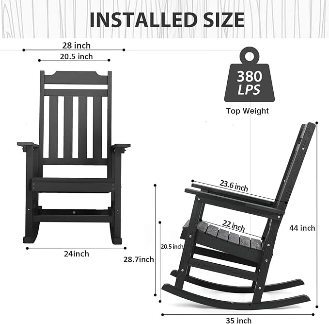 Rocking Chair, All Weather Resistant Poly Lumber Outdoor Porch Rocker, Rocking Chairs for Outdoor, Indoor, Patio, Deck, Garden, Backyard, Load Bearing 380 lbs - Black
