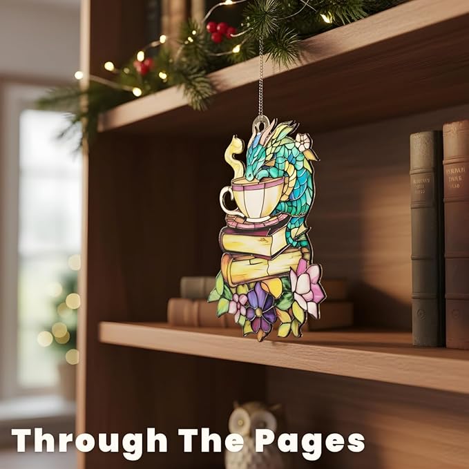 Book Dragon Christmas Ornament Fantasy Bookish Acrylic Suncatcher Stained Glass Effect Window Hanging for Book Lover Reading Nook Decor Gift for Librarian Readers