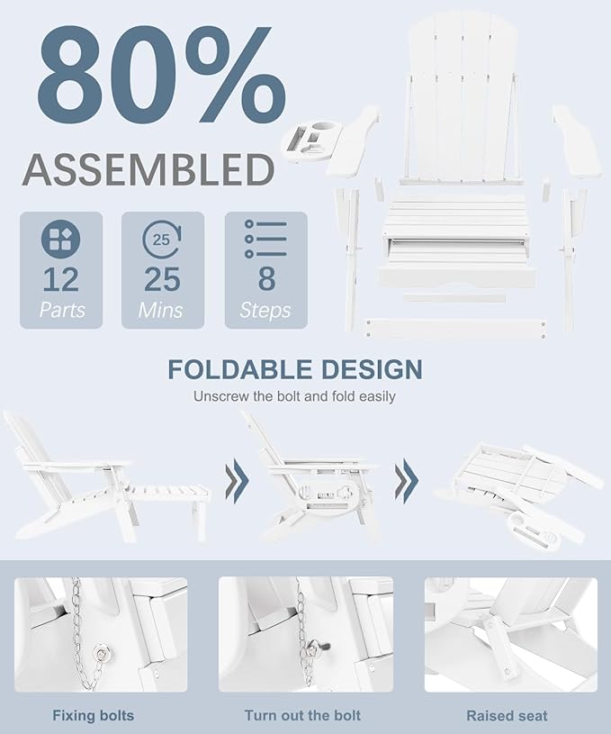 Adjustable Adirondack Chair with Retractable Ottoman Set of 2, HDPE Folding Adirondack Chair with Cup Holder, All Weather Fire Pit Chair for Outdoor.
