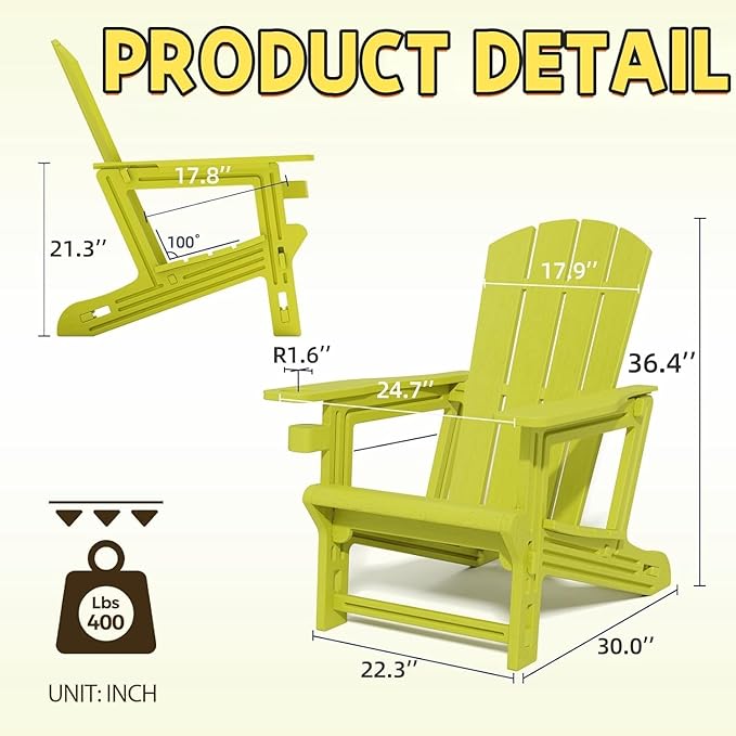 Adirondack Chair Set of 2, All Weather Plastic Adirondack Chairs, Fire Pit Chairs with Cup Holder, Outdoor Lawn Chair for Patio, Garden, Backyard,Yellow