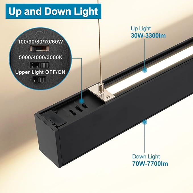 8FT Linkable LED Linear Light, 100/90/80/70/60W Adjustable, 3000K/4000K/5000K Selectable Linear Lighting Fixture, 0-10V Dimmable Architectural Hanging Office Shop Light for Retails, ETL 2Pack