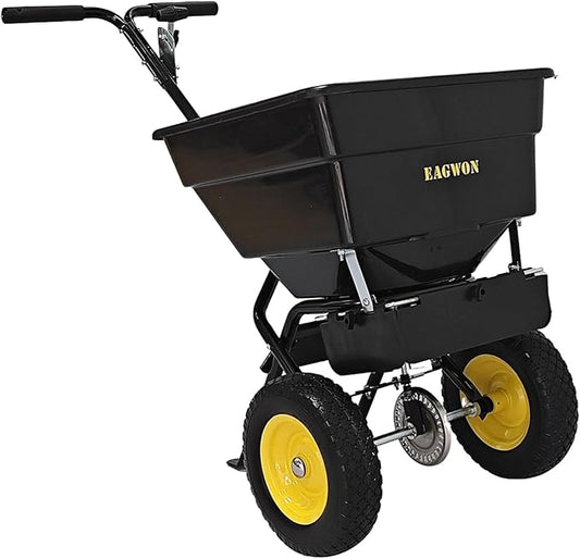 Walk-Behind Push Broadcast Spreader, 100lb Capacity, 0-9.8ft Spreading Width, 13in All-Terrain Pneumatic Tires, Grate/Cover/Enclosed Gearbox, All Season for Seed/Fertilizer/Salt/Ice Melt