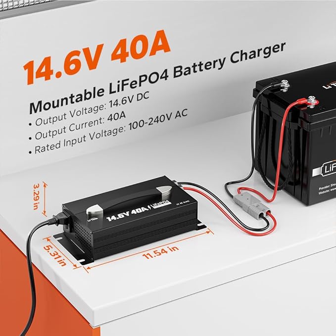LiTime 14.6V 40A Lithium Battery Charger, Mountable for 12V LiFePO4 Battery with Handle and LED Indicator, AC-DC Smart Charger for 12.8V LiFePO4 Batteries, 40A Fast Charging for RVs, Home