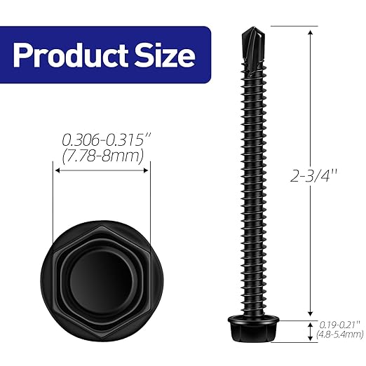 #12 x 2-3/4" Hex Washer Head Self Tapping Screws, TEK Screws, Self Drilling, Stainless Steel 410 Sheet Metal Screws, Black Finish, 25 PCS