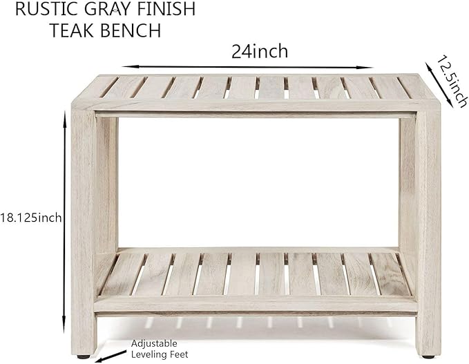 TeakCraft Gray Teak Shower Bench with Shelf 24 Inch for Bathroom, Spa - Fully Assembled, Shower Stool, Rustic Gray Finish, The Luni