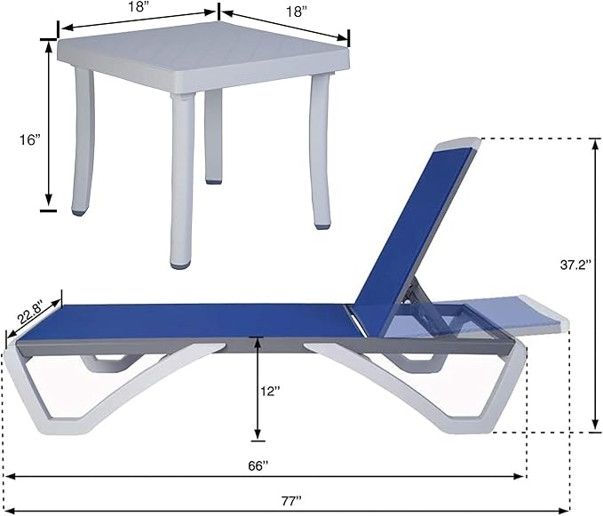 Kozyard Patio Chaise Lounge Chair - Full Flat Alumium & Resin Legs, Outdoor Reclining Adjustable Chair for Sunbathing, Beach, Patio, Lounge Set and Table (Blue Textilence W/Table)