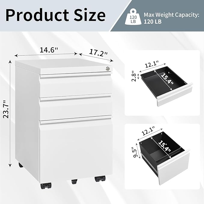 3 Drawer File Cabinet with Lock, File Cabinets for Home Office,Under Desk Cabinet, Locking File Cabinet for A4/Letter/Legal, Fully Assembled Expect Casters, Matte White