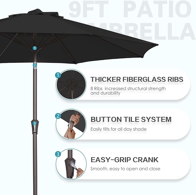 PatioKingdom 9FT Patio Outdoor Umbrella-UPF 50+ Sun Shade with Wind Vent, Push-Button Tilt & Smooth Crank Lift, Rust-Resistant Fiberglass Frame for Garden, Backyard,Yard (Black, 9FT)