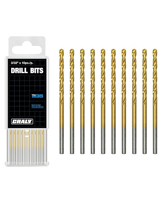 CRALY 3/32 Inch 10-Pc Cobalt Drill Bit Pack, M35 HSS Titanium Coated Jobber Length Twist Drill Bits, 135 Degree Split Point, for Hard Metal, Stainless Steel, Cast Iron, Plastic
