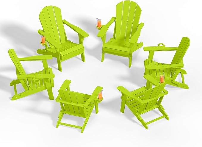 Folding Adirondack Chairs with Cup Holders, Set of 6 HDPE Plastic Outdoor Chairs, Weather Resistant, Real Wood Look, Heavy-Duty Patio Furniture for Deck, Fire Pit, Backyard, Apple Green