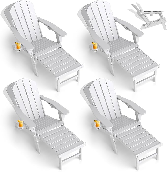 GREENVINES Adjustable Adirondack Chair with Retractable Ottoman Set of 4 | Folding | HDPE Plastic | Fire Pit Chairs w/Foot Rest | 2 Cup Holders | White | for Outdoor Patio Poolside Deck