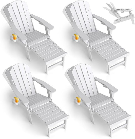 GREENVINES Adjustable Adirondack Chair with Retractable Ottoman Set of 4 | Folding | HDPE Plastic | Fire Pit Chairs w/Foot Rest | 2 Cup Holders | White | for Outdoor Patio Poolside Deck