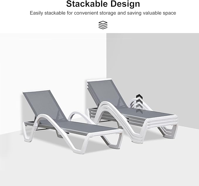 PURPLE LEAF Patio Chaise Lounge Chair Set of 3 Outside Aluminum Plastic Stackable Tanning Chairs with Armrests and Side Table for Pool Sunbathing Beach Deck Outdoor Lounger, Gray