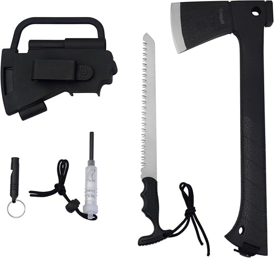 Camping Axe and Hatchet Multi-Tool – 14" Survival Outdoor Axe, Includes Handsaw, Fire Starter, Sheath, Fishing Kit & Whistle – Compact Tool for Camping, Hiking & Bushcraft