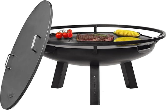 Ember 32" Handcrafted Cooking Fire Pit, Cooking Grill Plate Attachment and Cover Lid Attachment for Wood Burning for Backyard Grilling Campfire for Camping, Outdoor Steel, Good Directions Firepit