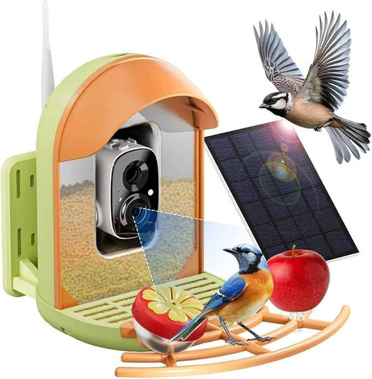 Bird Feeder with Camera, Smart Birdfeeder with Cam Solar Powered, 2K HD Video, AI Identification, Instant Arrival Alerts, IP66 Bird Bath & Feeder,Gift for BirdLover (with Stand, Green)
