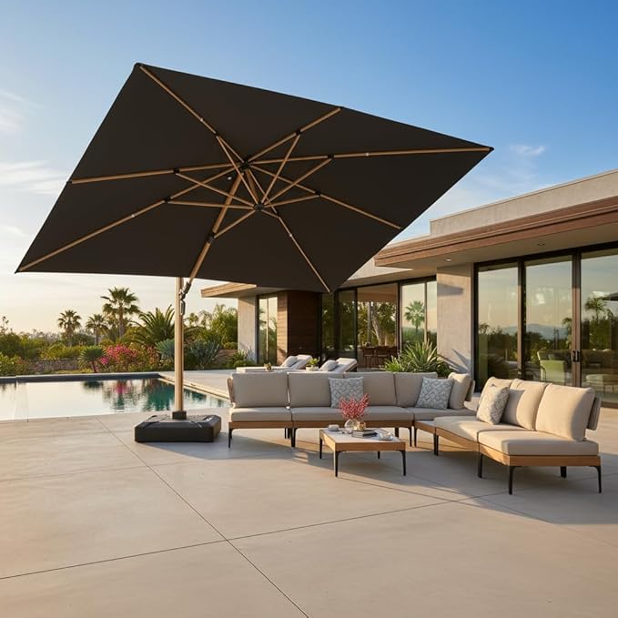 PURPLE LEAF 10' x 13' Rectangle Patio Cantilever Umbrella With Furniture Sofa Sets Large Hanging Umbrella Teak Finished Aluminum Frame Windproof Offset Outdoor Sun Umbrellas for Beach Pool Deck, Grey
