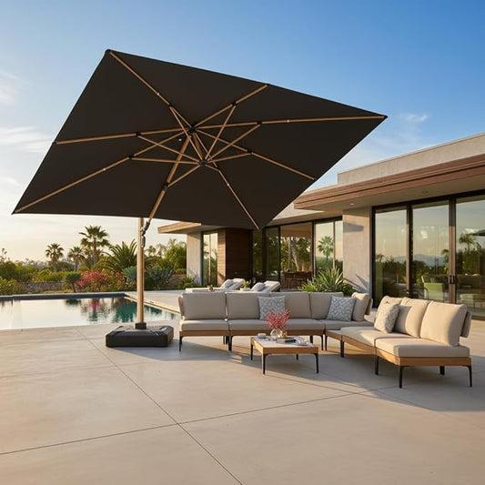 PURPLE LEAF 10' x 13' Rectangle Patio Cantilever Umbrella With Furniture Sofa Sets Large Hanging Umbrella Teak Finished Aluminum Frame Windproof Offset Outdoor Sun Umbrellas for Beach Pool Deck, Grey