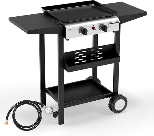 ROVSUN 2 Burner Portable Propane Griddle with Electronic Ignition, 20000 BTU Rolling Flat Top Gas Grill with Nonstick Enameled Tray, Side Shelves & Regulator for Outdoor Cooking Camping BBQ Tailgating