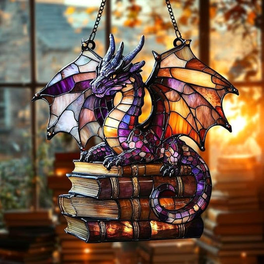 Book Dragon Christmas Ornament Fantasy Bookish Acrylic Suncatcher Stained Glass Effect Window Hanging for Book Lover Reading Nook Decor Gift for Librarian Readers