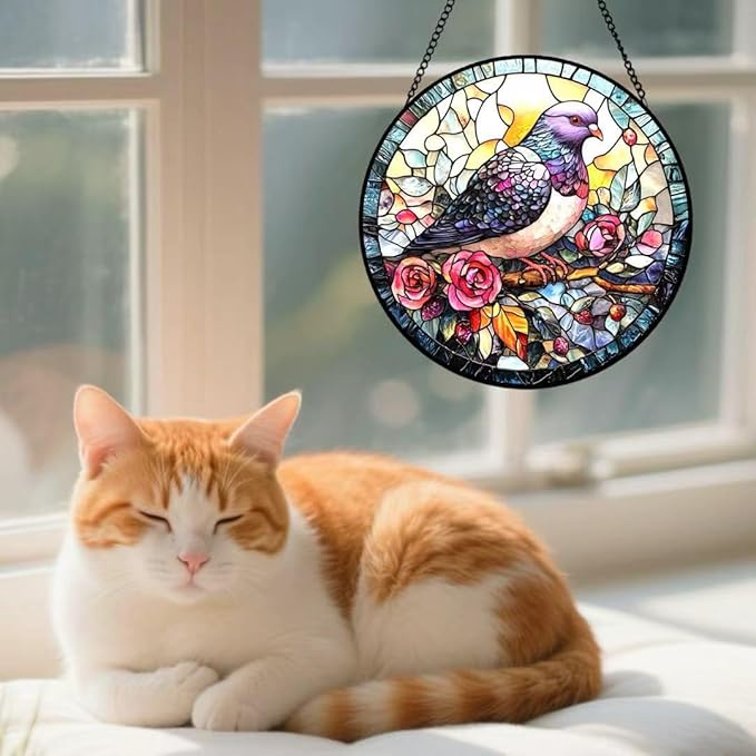 Stained Glass Window Hanging - Purple Bird and Pink Flowers Suncatcher fof Garden Home Decor for Women Mon Grandma Friends