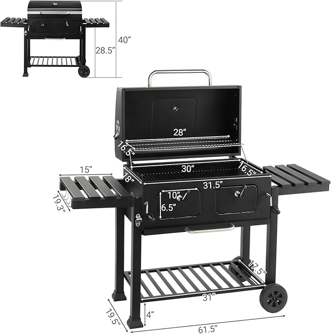 Vasitelan Large Charcoal BBQ Grill with Oversize Cooking Area, Outdoor Cooking Grill with 2 Individual Lifting Charcoal Trays and 2 Foldable Side Tables