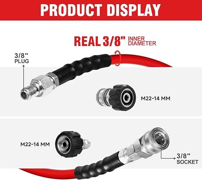 3/8" Super Wear Resistant Pressure Washer Hose 150 FT,Kink Resistant Power Washer Replacement Hose Steel Wire Braided for Hot and Cold Water, with M22 14mm to 3/8" Swivel Quick Connect, 4200 PSI