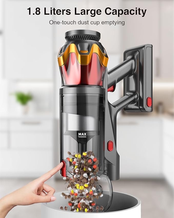 Cordless Vacuum Cleaner, 600W 50KPa 70Mins Vacuum Cleaners for Home, Self-Standing Stick Vacuum with Anti-Tangle Brush & OLED Touch Screen, Vacuum Cleaner for Hardwood Floors,Carpet,Pet Hair,Car (Red)