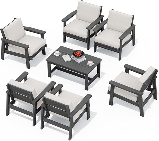SERWALL HDPE Outdoor Furniture Set, 7 Piece All Weather Wood-Like Outdoor Sofa Sectional Couch, Grey Patio Furniture Set with Khaki Cushions