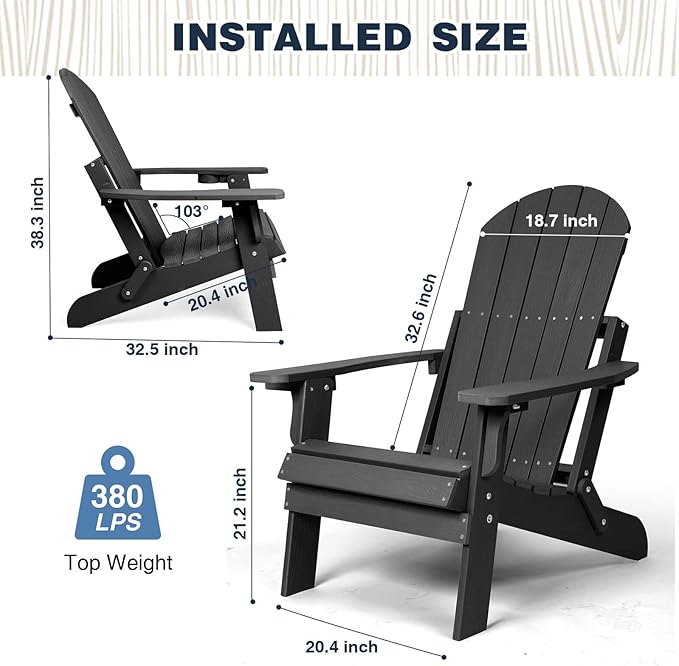 Folding Adirondack Chair, All Weather Resistant Plastic Chairs with Cup Holder, Fold or Unfold Easily in 1 Second, Outdoor Chairs for Patio, Garden, Backyard Deck, Lawn Fire Pit(Black)