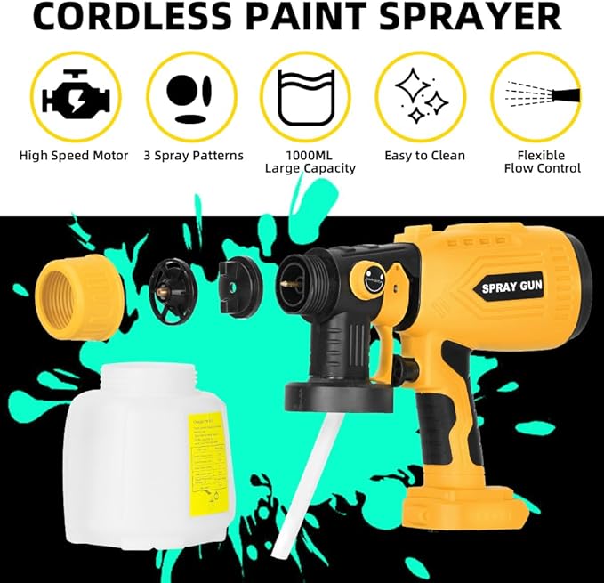 Paint Sprayer Compatible with DeWalt 20V Battery, 200W HVLP Spray Paint Gun Tool with Brushless Motor and Copper Nozzle, Easy to Clean, for Furniture, Fence, Walls, Ceiling, Door etc. (No Battery)