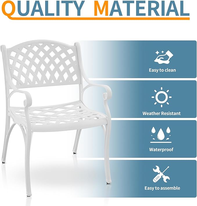 2 Pieces Outdoor Bistro Dining Chairs Cast Aluminum Patio Bistro Chair with Armrest,Outdoor Furniture Set Bistro Chairs,Metal Patio Dining Chair for Garden,White