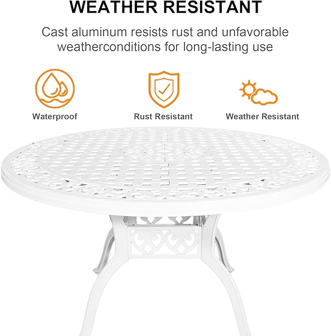 5 Piece Patio Dining Set Outdoor Patio Round Table and Chairs Set of 4 with Umbrella Hole,Cast Aluminum White Outdoor Bistro Dining Set, Patio Furniture Set for Garden,White