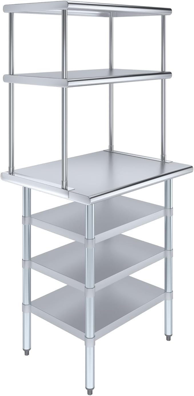 Amgood 24" x 30" Stainless Steel Work Table with 3 Shelves and 18" Wide Double Tier Overshelf | Metal Kitchen Prep Table & Shelving Combo | NSF