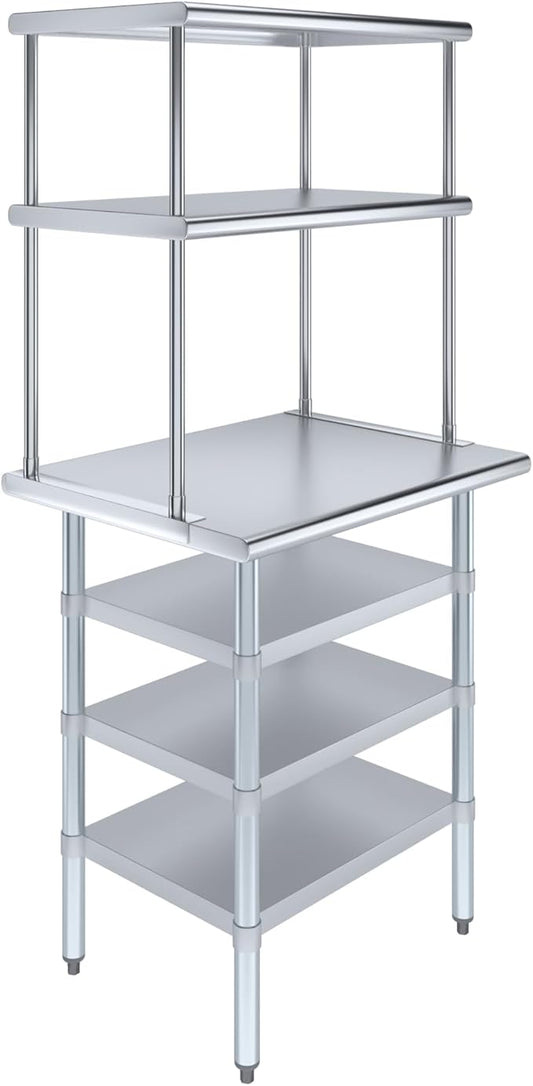 Amgood 24" x 30" Stainless Steel Work Table with 3 Shelves and 18" Wide Double Tier Overshelf | Metal Kitchen Prep Table & Shelving Combo | NSF