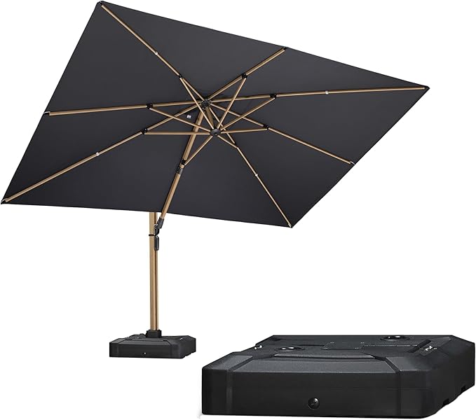 PURPLE LEAF 9' x 12' Rectangle Patio Cantilever Umbrella With Base Large Hanging Umbrella Teak Finished Aluminum Frame Windproof Offset Outdoor Sun Umbrellas for Beach Pool Deck, Grey