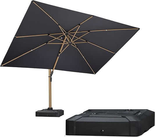PURPLE LEAF 9' x 12' Rectangle Patio Cantilever Umbrella With Base Large Hanging Umbrella Teak Finished Aluminum Frame Windproof Offset Outdoor Sun Umbrellas for Beach Pool Deck, Grey