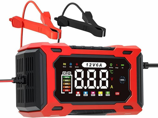 12V 6A Smart Battery Charger - Automotive Car/Motorcycle 12V Lead-Acid Battery Charger with LCD, Pulse Repair & Overcharge Protection
