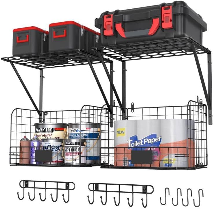 ThreeHio 2 Pack Garage Shelves Wall Mounted with Wire Baskets, Heavy Duty Garage Wall Shelving with Hooks, Wire Shelf Baskets Tool Organizer for Home Garden Garage Organization and Storage