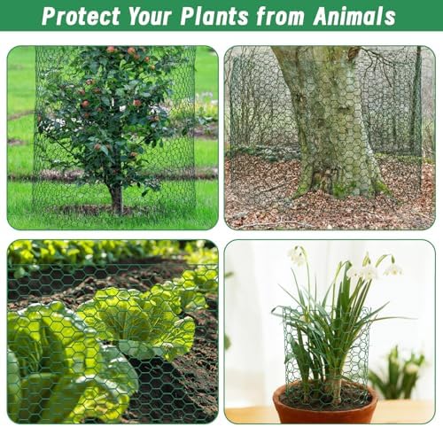 Plant Protectors from Animals, 16.4 x 16In Green PVC Coated Galvanized Chicken Wire Mesh Roll, 0.8mm Free-Cut Plant Cage with Ties, Stakes, Gloves, Pliers & Floral Wire (33Ft*20In)