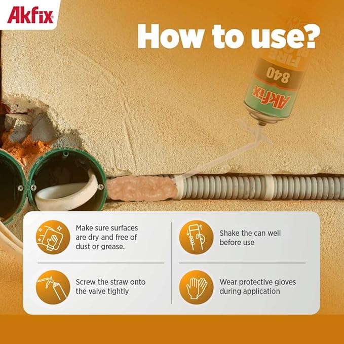 Akfix 840 Fire Block Spray Foam (1x12 Oz.)- Orange Color Fire Retardant Polyurethane Expanding Foam for Gap Filling, Insulation and Sealing on Window and Door, Fire Rated, Paintable | 12 Oz. 1 Pack