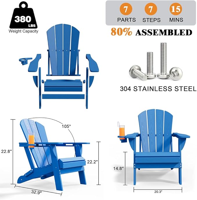 Folding Adirondack Chair with Cup Holders, HDPE Plastic Outdoor Chairs, Weather Resistant, Real Wood Look for Patio, Deck, Fire Pit, Backyard, Blue