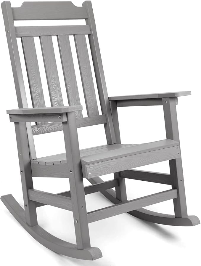 Rocking Chair, All Weather Resistant Poly Lumber Outdoor Porch Rocker, Rocking Chairs for Outdoor, Indoor, Patio, Deck, Garden, Backyard, Load Bearing 380 lbs - Grey