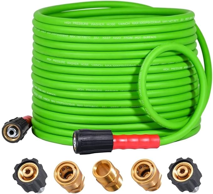 YAMATIC Super Flexible Pressure Washer Hose 40FT 3200 PSI for Power Washer Replacement, Kink Resistant Extension With Leak-Free M22 Female & 3/8" Quick Connect Adapters, 1/4", Green
