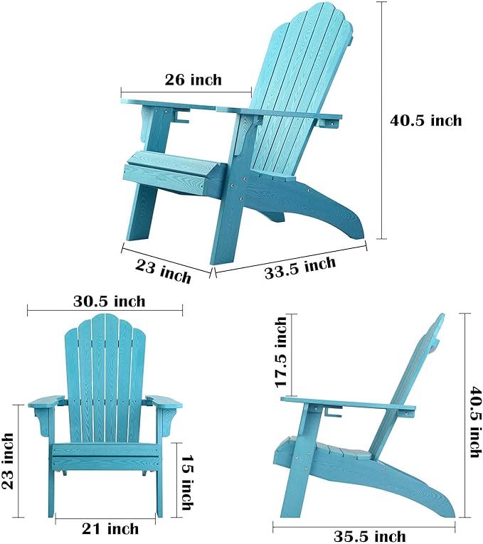hOmeHua Oversized Adirondack Chairs Set of 2, HIPS Adirondack Chairs Weather Resistant with Cup Holder, Plastic Outdoor Chair for Patio, Backyard Deck, Fire Pit Lawn Porch (Lake Blue)